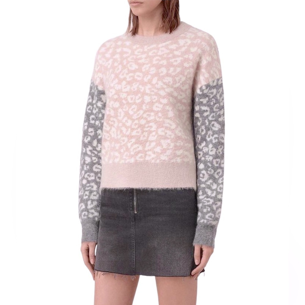 ALL SAINTS WOOL MOHAIR CREW ANIMAL PRINT LEOPARD BOXY SWEATER